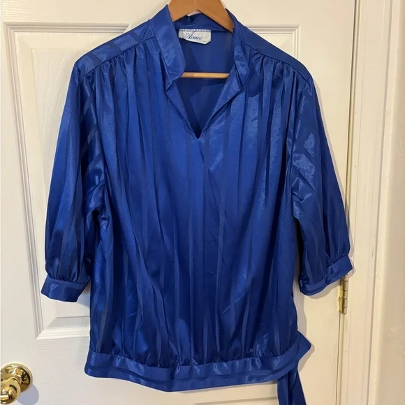 Vintage Amy Of California Silky /Satin Royal Blue Blouse Size Medium - Picture 2 of 8